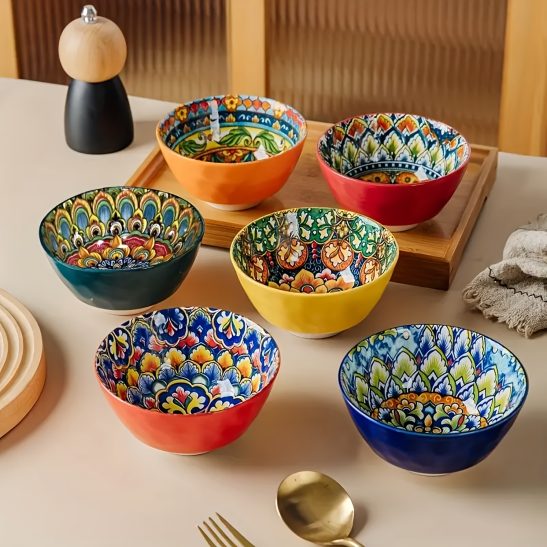 6pcs Bohemian Ceramic Bowl Set | Colorful Mediterranean-style Tableware with Mandala and Paisley Patterns, Suitable for Family Gatherings, Includes Round Soup Bowls, Dessert Bowls, Noodle Bowls, Salad Bowls, Microwave Safe
