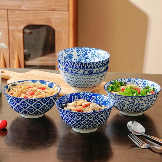 6pcs, Ceramic Soup Bowls Set, 12ozu002F24oz, Porcelain Deep Cereal Bowl, Large Kitchen Dinner Bowl for Salad, Pasta, Dessert, Noodle, Rice, Oatmeal - Dishwasher Oven Safe - Perfect for Christmas, Weddings, Housewarming - Vintage Blueu002FAssorted Colors