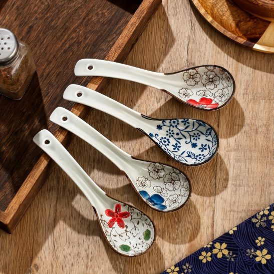 4pcs Ceramic Soup Spoon, Japanese Household Creative Ramen Eating Noodle Soup Spoon, Serving Spoon for Drinking, Porcelain Spoon for Rice And Noodles