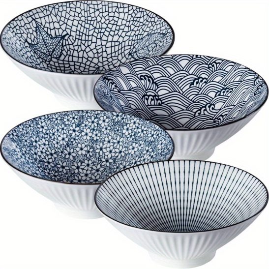 38oz Japanese Ramen Bowls Of 2pcsu002F4pcs, Large Pho Bowls, 8 Inch Ceramic Blue And White Soup Bowls, Mixing Pattern