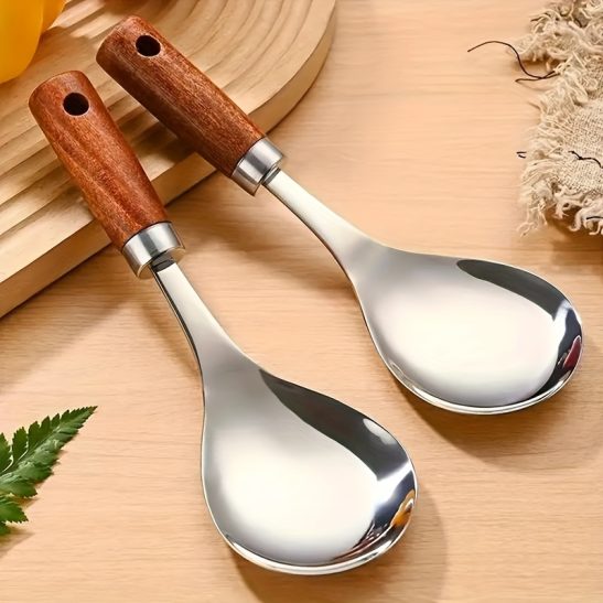 2pcs Wooden Handle Stainless Steel Soup Spoon Set - Non-Stick Kitchen Utensils, Suitable for Cooking, Family Dining & Table Service