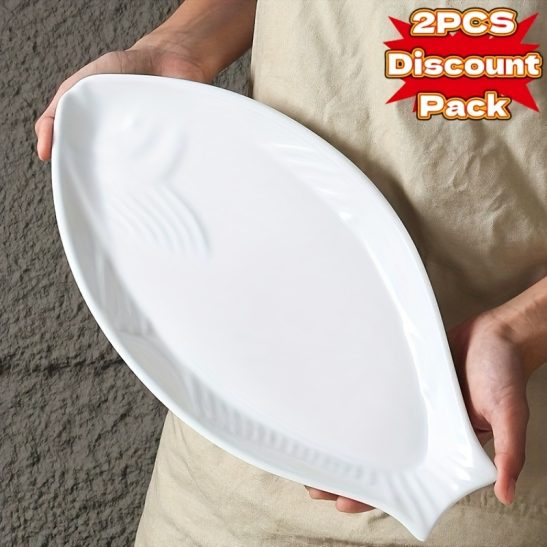 2pcs Ceramic Fish Plate, 12u002F14-INCH, Creative Pure White Fish Plate, Western Style Steamed Fish Plate, Japanese Large Ceramic Plate