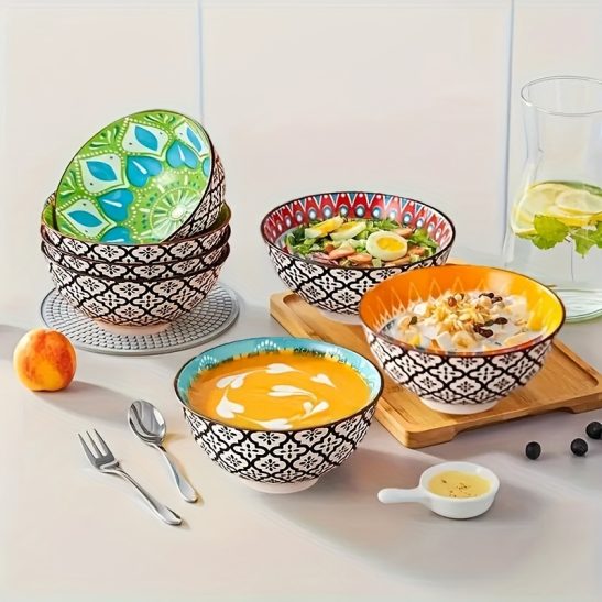 6 Handmade Ceramic Bowl Sets, 4.72 Inch Color Underglaze Process, Creative And Retro Noodles in Soup Bowls, Microwave Oven And Dishwasher Safety - Suitable for Family Kitchens, Restaurants, Parties, Picnics And Other Perfect Festivals And Gifts